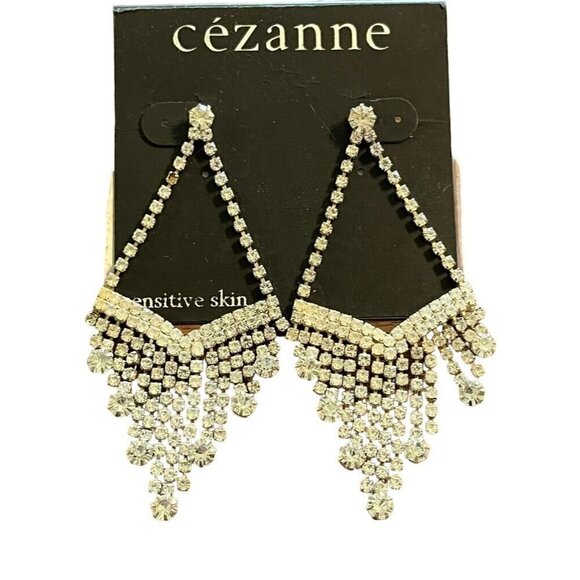 Cezanne Earring Silver Metallic Rhinestone Dangle Wedding Special Occasion Retro - Picture 1 of 5